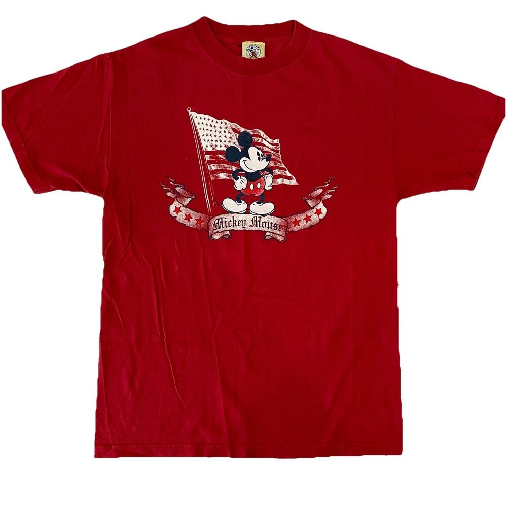 90’s Vintage MICKEY MOUSE American Flag T-Shirt Walt Disney Red Top Sz Small